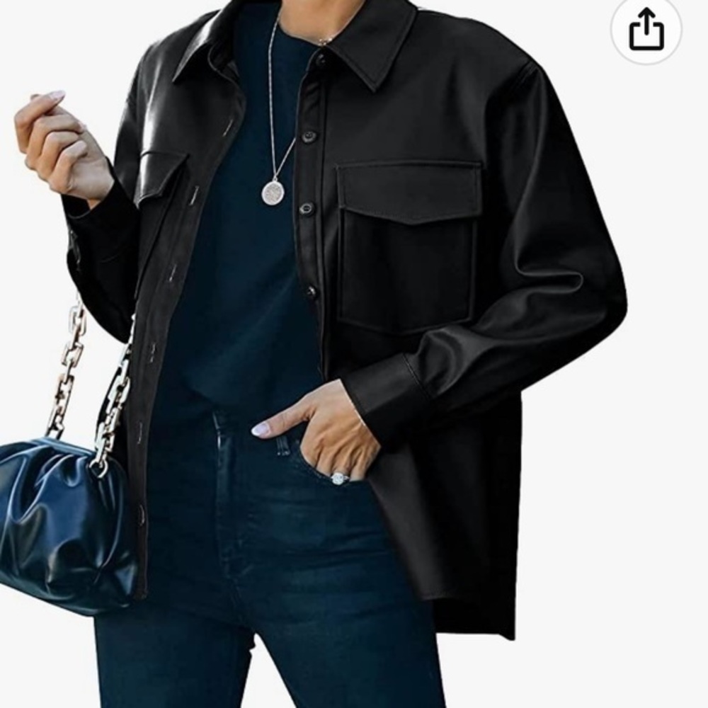 Button front faux PU leather shirt jacket NWOT